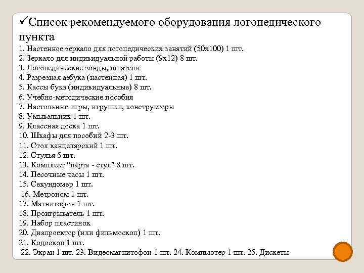 üСписок рекомендуемого оборудования логопедического пункта 1. Настенное зеркало для логопедических занятий (50 х100) 1