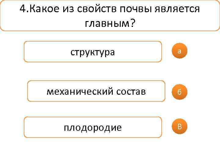 4. Какое из свойств почвы является главным? структура механический состав плодородие а б В