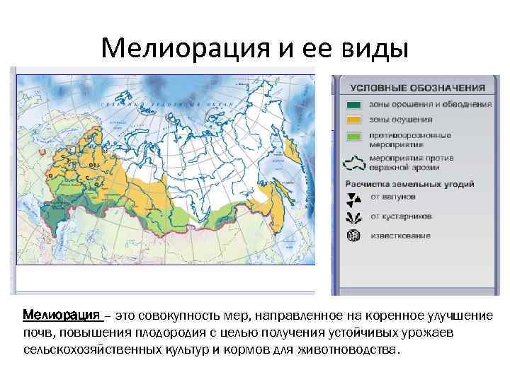 Мелиорация и ее виды Мелиорация – это совокупность мер, направленное на коренное улучшение почв,