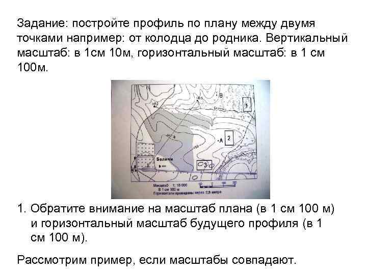 Задание: постройте профиль по плану между двумя точками например: от колодца до родника. Вертикальный