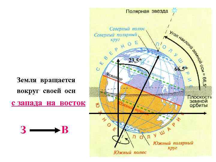  23, 5* 66, 5* Земля вращается вокруг своей оси с запада на восток