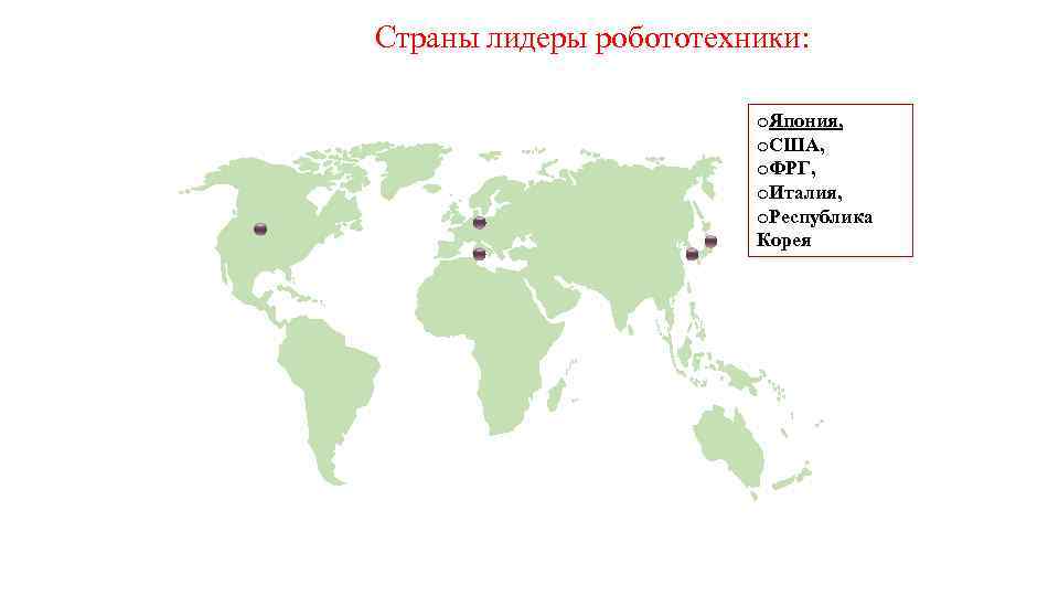 Страны лидеры робототехники: o. Япония, o. США, o. ФРГ, o. Италия, o. Республика Корея