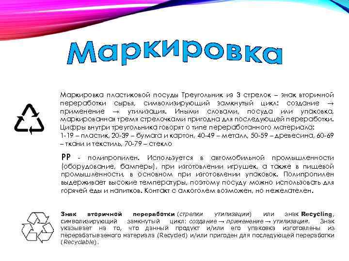 Маркировка пластиковой посуды Треугольник из 3 стрелок – знак вторичной переработки сырья, символизирующий замкнутый