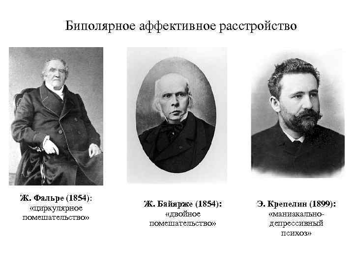 Биполярное аффективное расстройство Ж. Фальре (1854): «циркулярное помешательство» Ж. Байярже (1854): «двойное помешательство» Э.