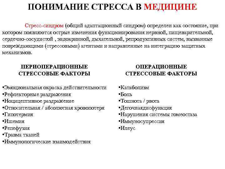 ПОНИМАНИЕ СТРЕССА В МЕДИЦИНЕ Стресс-синдром (общий адаптационный синдром) определен как состояние, при котором появляются