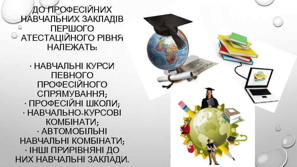 ДО ПРОФЕСІЙНИХ НАВЧАЛЬНИХ ЗАКЛАДІВ ПЕРШОГО АТЕСТАЦІЙНОГО РІВНЯ НАЛЕЖАТЬ: · НАВЧАЛЬНІ КУРСИ ПЕВНОГО ПРОФЕСІЙНОГО СПРЯМУВАННЯ;