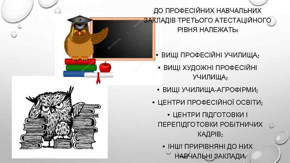 ДО ПРОФЕСІЙНИХ НАВЧАЛЬНИХ ЗАКЛАДІВ ТРЕТЬОГО АТЕСТАЦІЙНОГО РІВНЯ НАЛЕЖАТЬ: • ВИЩІ ПРОФЕСІЙНІ УЧИЛИЩА; • ВИЩІ