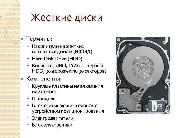 Жесткие диски Термины: ◦ Накопители на жестких магнитных дисках (НЖМД) ◦ Hard Disk Drive