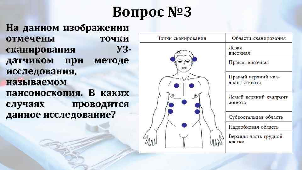 Вопрос № 3 На данном изображении отмечены точки сканирования УЗдатчиком при методе исследования, называемом