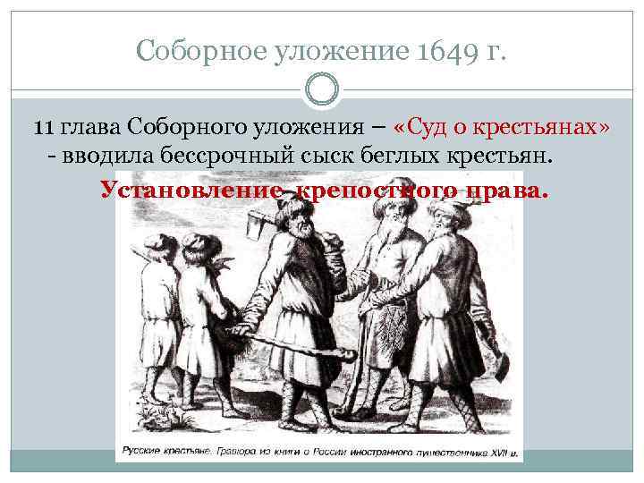 Соборное уложение 1649 г. 11 глава Соборного уложения – «Суд о крестьянах» - вводила