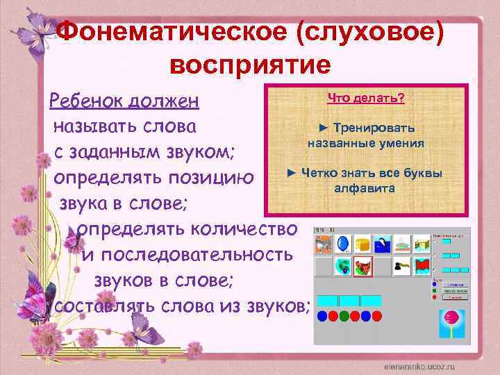 Фонематическое (слуховое) восприятие Что делать? Ребенок должен называть слова ► Тренировать названные умения с