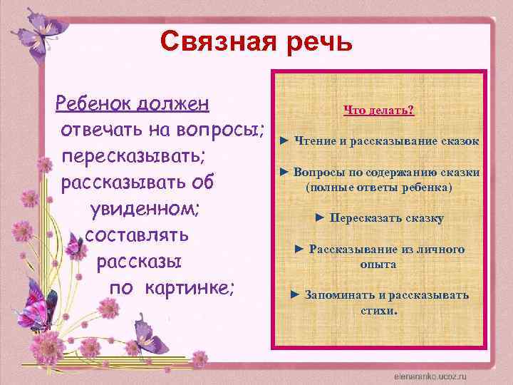 Связная речь Ребенок должен отвечать на вопросы; пересказывать; рассказывать об увиденном; составлять рассказы по