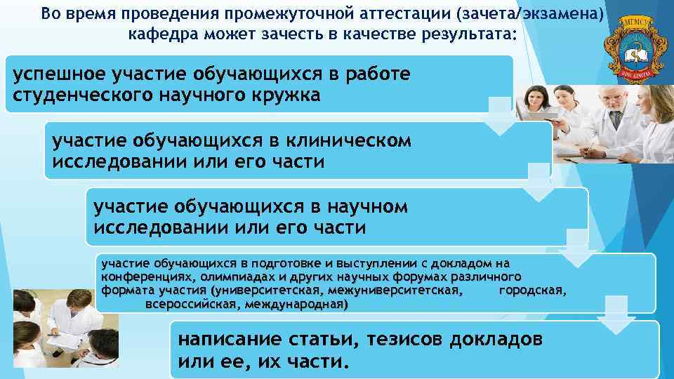 Во время проведения промежуточной аттестации (зачета/экзамена) кафедра может зачесть в качестве результата: успешное участие