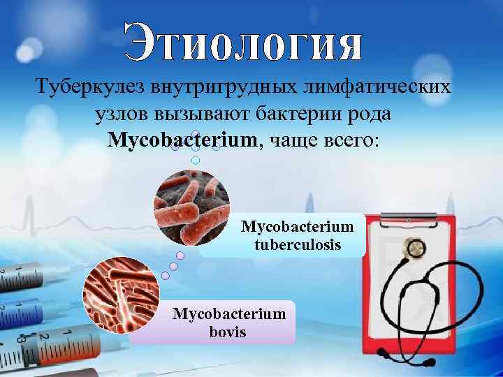 Туберкулез внутригрудных лимфатических узлов вызывают бактерии рода Mycobacterium, чаще всего: Mycobacterium tuberculosis Mycobacterium bovis