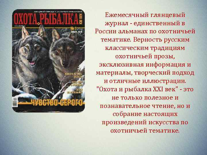Ежемесячный глянцевый журнал - единственный в России альманах по охотничьей тематике. Верность русским классическим