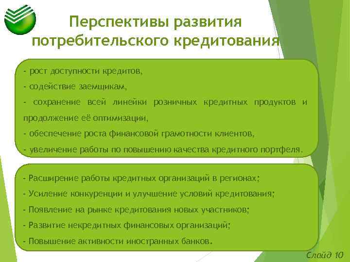 Перспективы развития потребительского кредитования - рост доступности кредитов, - содействие заемщикам, - сохранение всей