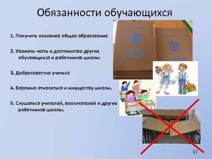 Обязанности обучающихся 1. Получить основное общее образование 2. Уважать честь и достоинство других обучающихся