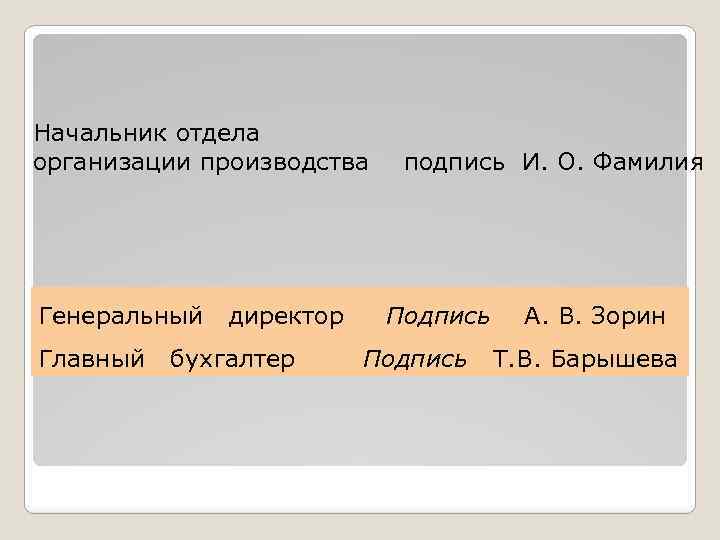 Начальник отдела организации производства подпись И. О. Фамилия Генеральный директор Подпись Главный бухгалтер Подпись