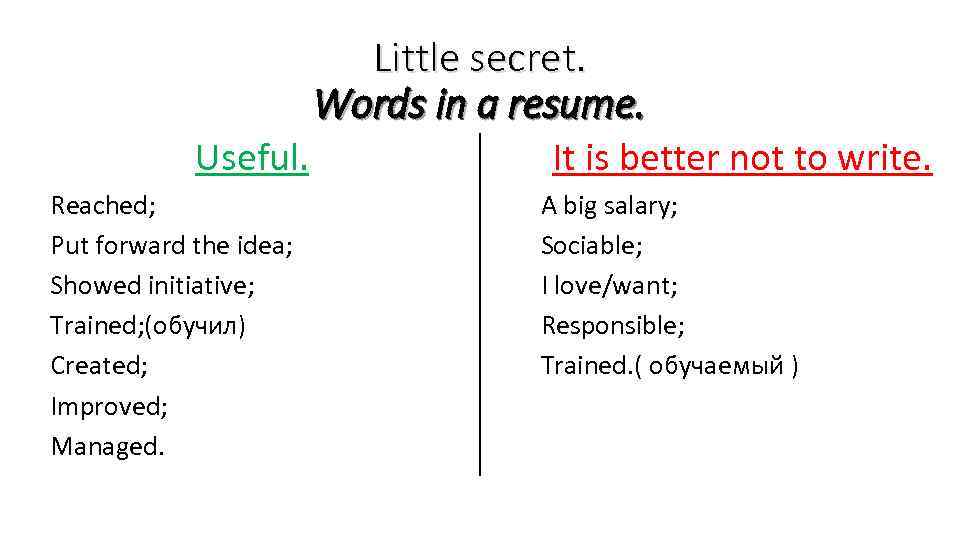 Little secret. Words in a resume. Useful. Reached; Put forward the idea; Showed initiative;