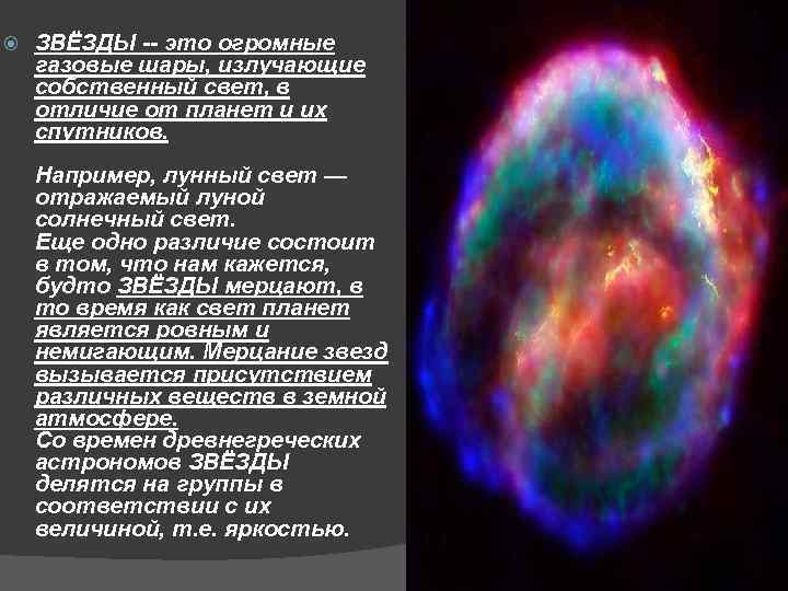  ЗВЁЗДЫ -- это огромные газовые шары, излучающие собственный свет, в отличие от планет