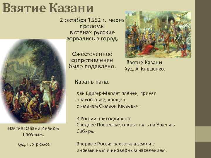 Взятие Казани 2 октября 1552 г. через проломы в стенах русские ворвались в город.