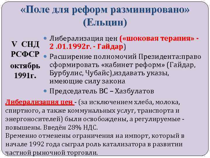  «Поле для реформ разминировано» (Ельцин) Либерализация цен ( «шоковая терапия» - V СНД