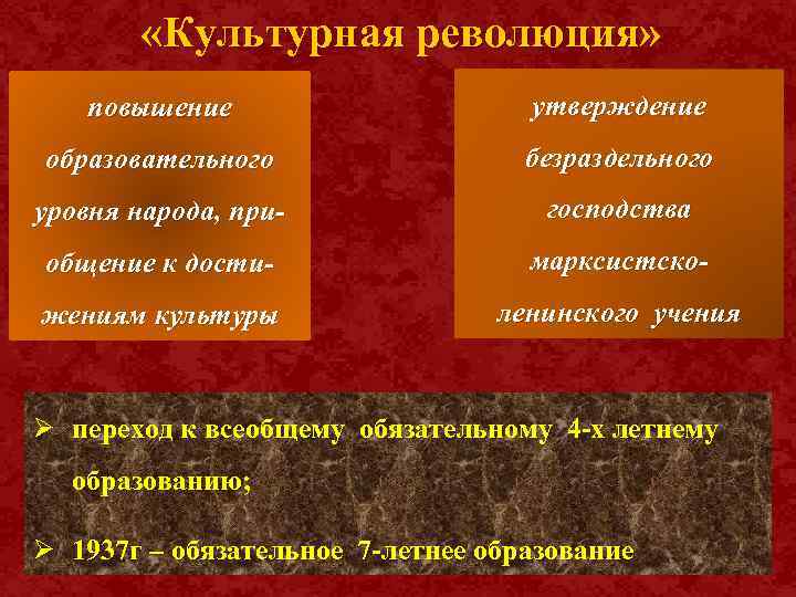  «Культурная революция» повышение утверждение образовательного безраздельного уровня народа, при- господства общение к дости-