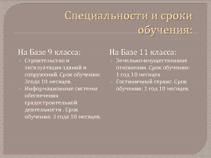 Специальности и сроки обучения: На Базе 9 класса: Строительство и эксплуатация зданий и сооружений.