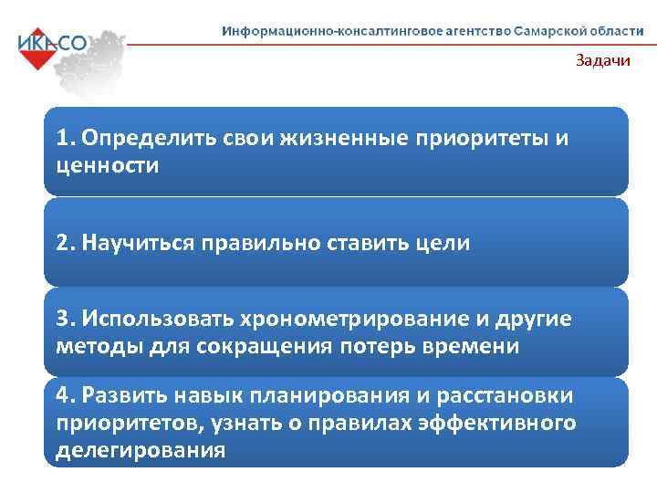 Задачи 1. Определить свои жизненные приоритеты и ценности 2. Научиться правильно ставить цели 3.