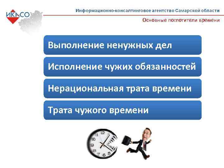Основные поглотители времени Выполнение ненужных дел Исполнение чужих обязанностей Нерациональная трата времени Трата чужого
