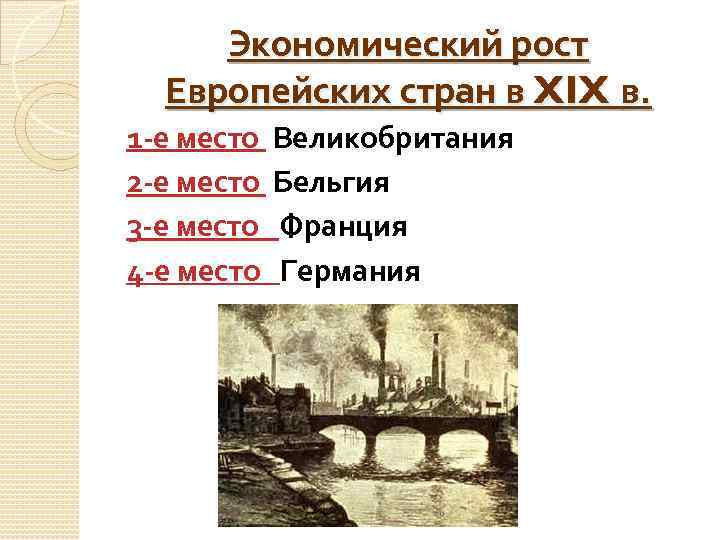 Экономический рост Европейских стран в XIX в. 1 -е место 2 -е место 3