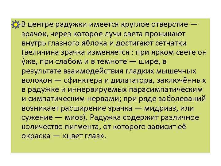  В центре радужки имеется круглое отверстие — зрачок, через которое лучи света проникают