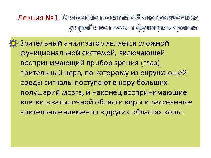 Лекция № 1. Основные понятия об анатомическом устройстве глаза и функциях зрения Зрительный анализатор