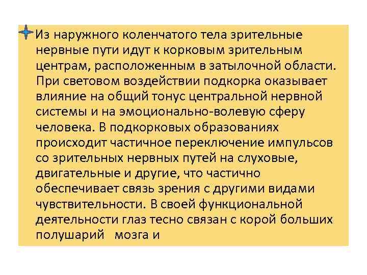  Из наружного коленчатого тела зрительные нервные пути идут к корковым зрительным центрам, расположенным