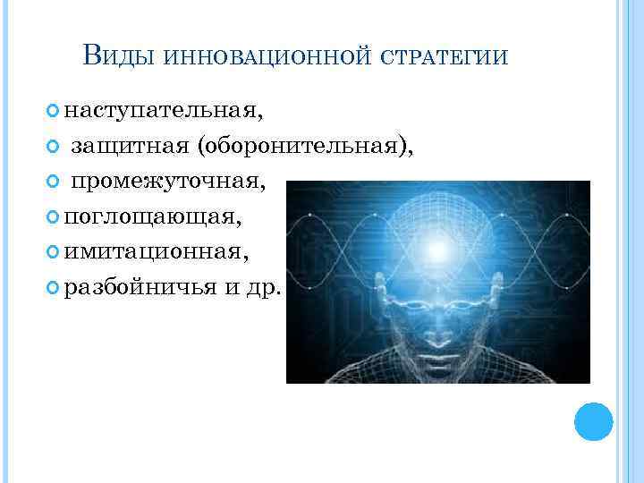 ВИДЫ ИННОВАЦИОННОЙ СТРАТЕГИИ наступательная, защитная (оборонительная), промежуточная, поглощающая, имитационная, разбойничья и др. 