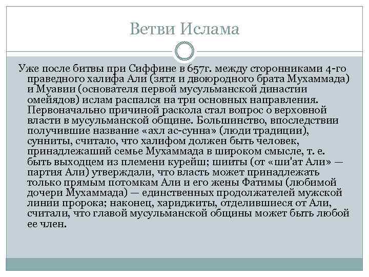 Ветви Ислама Уже после битвы при Сиффине в 657 г. между сторонниками 4 го