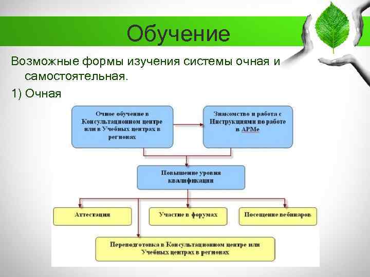 Обучение Возможные формы изучения системы очная и самостоятельная. 1) Очная 