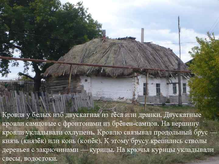 Кровля у белых изб двускатная из тёса или дранки. Двускатные кровли самцовые с фронтонами