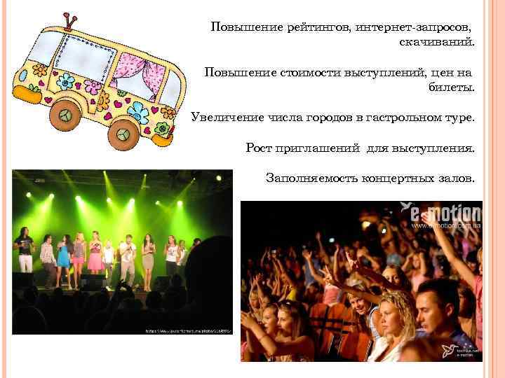 Повышение рейтингов, интернет-запросов, скачиваний. Повышение стоимости выступлений, цен на билеты. Увеличение числа городов в