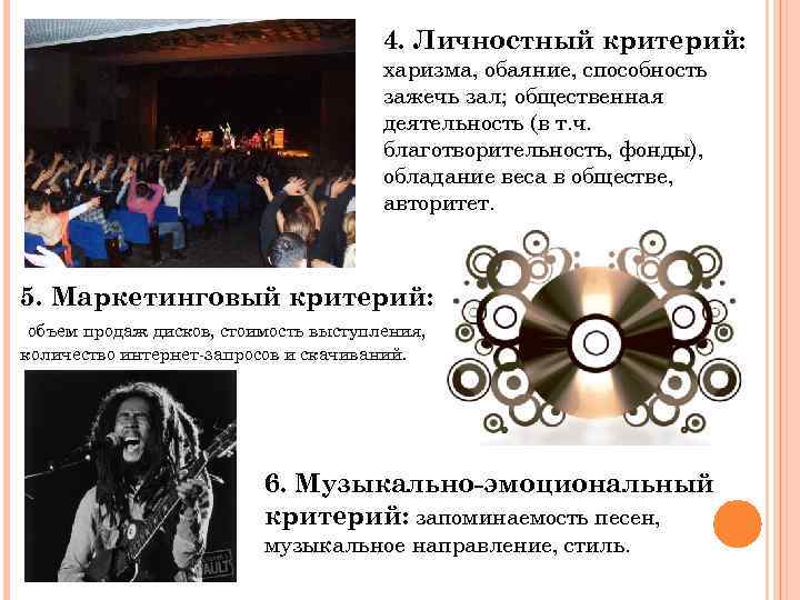 4. Личностный критерий: харизма, обаяние, способность зажечь зал; общественная деятельность (в т. ч. благотворительность,