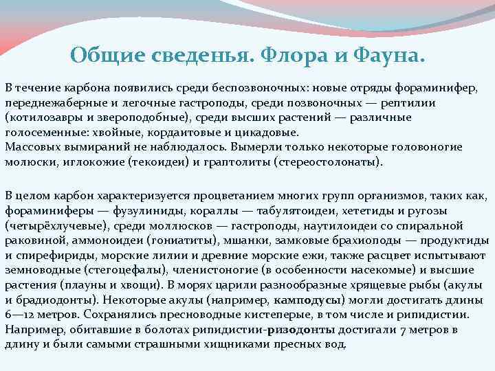 Общие сведенья. Флора и Фауна. В течение карбона появились среди беспозвоночных: новые отряды фораминифер,