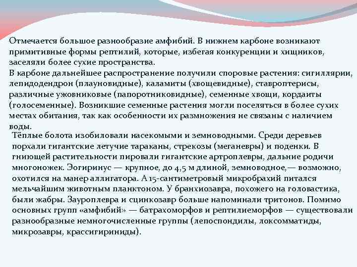 Отмечается большое разнообразие амфибий. В нижнем карбоне возникают примитивные формы рептилий, которые, избегая конкуренции