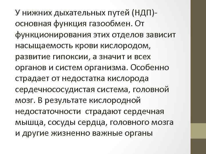 У нижних дыхательных путей (НДП)- основная функция газообмен. От функционирования этих отделов зависит насыщаемость