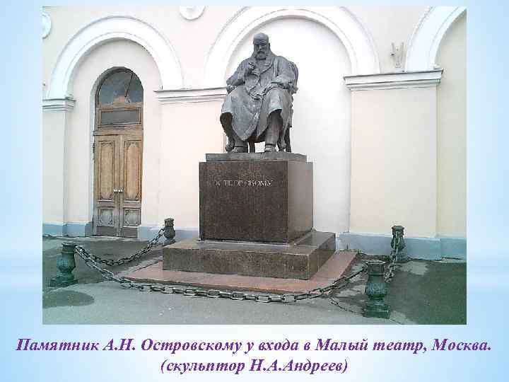 Памятник А. Н. Островскому у входа в Малый театр, Москва. (скульптор Н. А. Андреев)