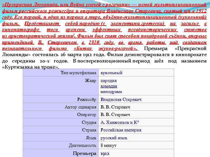  «Прекрасная Люканида, или Война усачей с рогачами» — немой мультипликационный фильм российского режиссёра