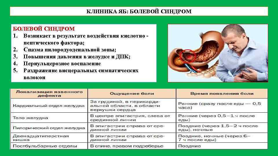 КЛИНИКА ЯБ: БОЛЕВОЙ СИНДРОМ 1. Возникает в результате воздействия кислотно пептического фактора; 2. Спазма