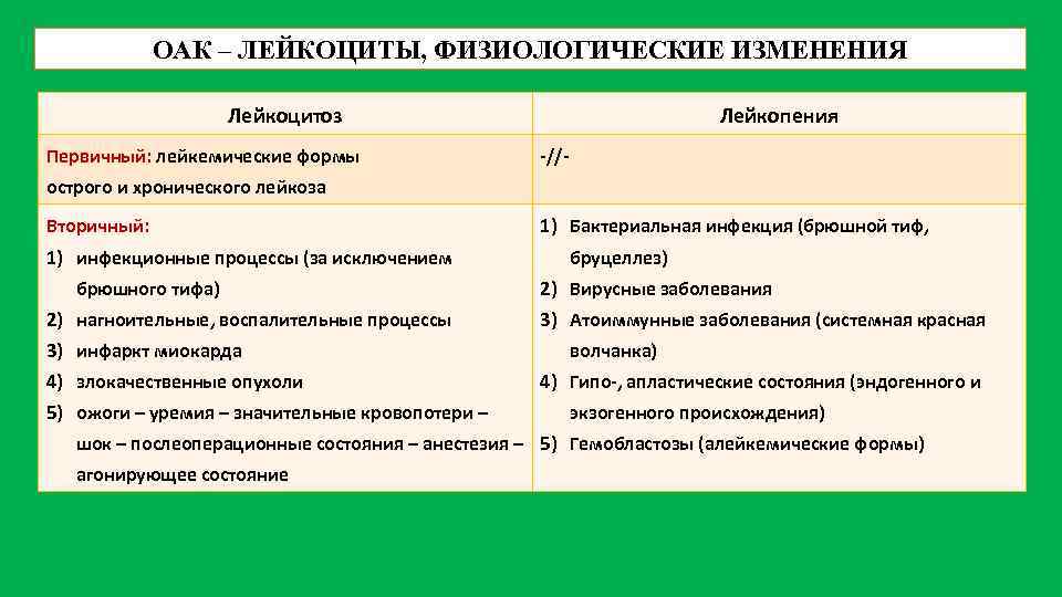 ОАК – ЛЕЙКОЦИТЫ, ФИЗИОЛОГИЧЕСКИЕ ИЗМЕНЕНИЯ Лейкоцитоз Первичный: лейкемические формы Лейкопения -//- острого и хронического