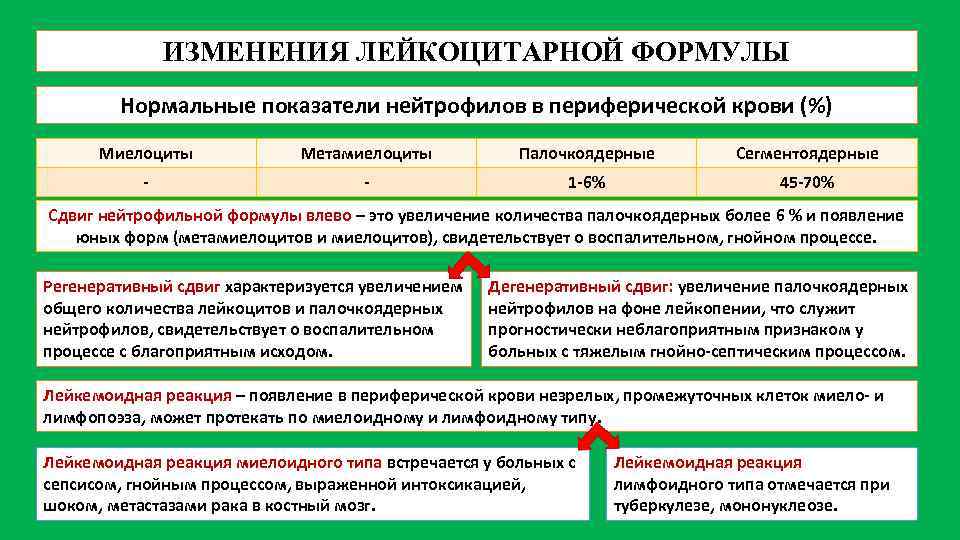 ИЗМЕНЕНИЯ ЛЕЙКОЦИТАРНОЙ ФОРМУЛЫ Нормальные показатели нейтрофилов в периферической крови (%) Миелоциты Метамиелоциты Палочкоядерные Сегментоядерные