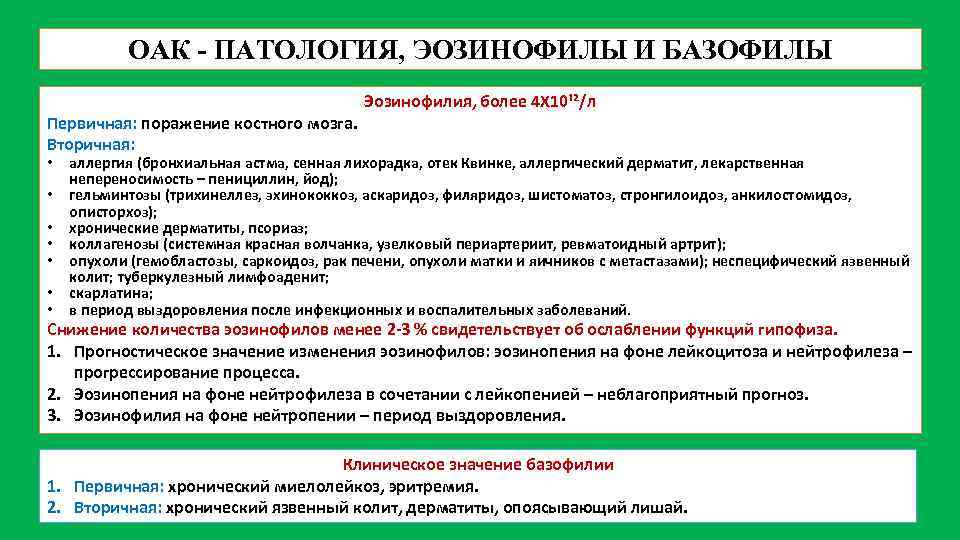 ОАК - ПАТОЛОГИЯ, ЭОЗИНОФИЛЫ И БАЗОФИЛЫ Первичная: поражение костного мозга. Вторичная: • • Эозинофилия,