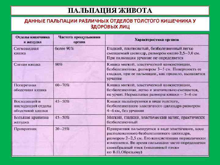 ПАЛЬПАЦИЯ ЖИВОТА ДАННЫЕ ПАЛЬПАЦИИ РАЗЛИЧНЫХ ОТДЕЛОВ ТОЛСТОГО КИШЕЧНИКА У ЗДОРОВЫХ ЛИЦ 